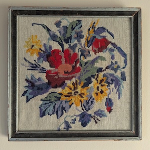 Embroidered Framed Floral Wall Hanging, Handmade, 1980s, Cross Stitch