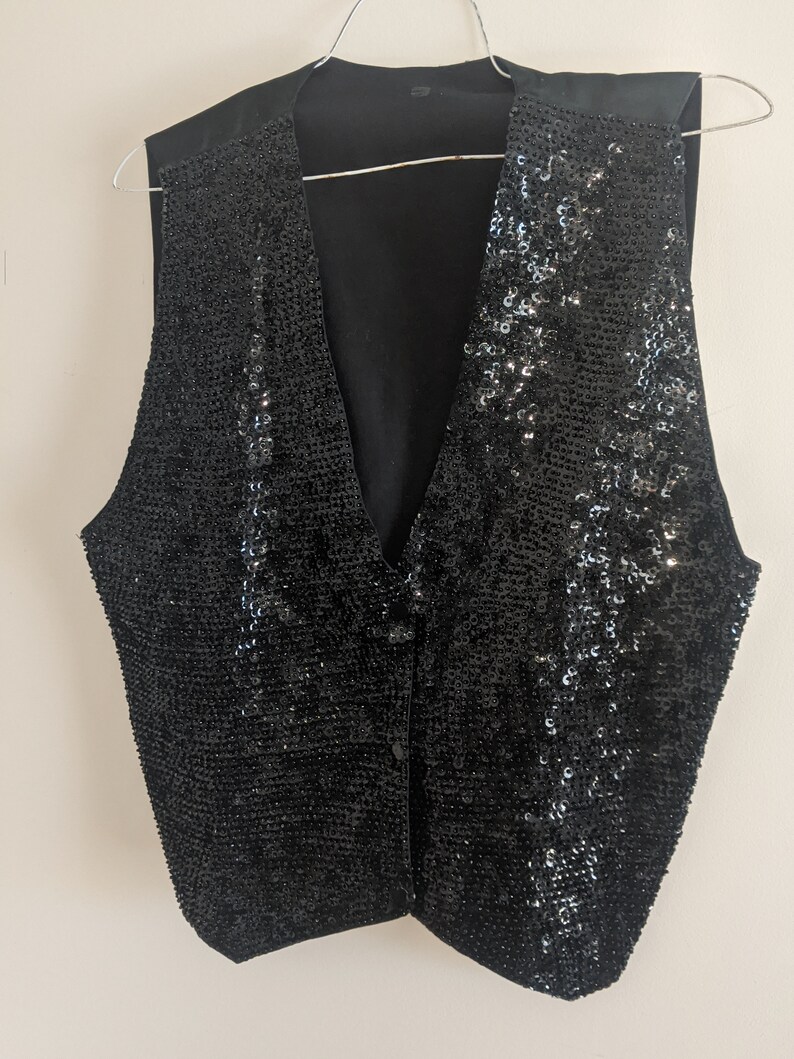 Women's Black Sequin Waistcoat Vest Satin Back Lined Size Etsy