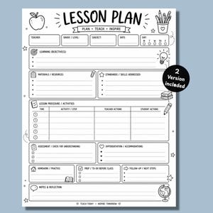 May include: A black and white printable lesson plan template featuring sections for teacher, grade, subject, date, learning objectives, materials, standards, procedures, assessment, differentiation, homework, and notes, with icons of an apple, pencil cup, and globe.
