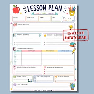 Peut inclure: Un modèle de plan de cours imprimé avec une pomme rouge, un pot à crayons et des icônes scolaires. Le document comprend des sections pour l'enseignant, le niveau, la matière, la date, les objectifs, le matériel et les procédures.