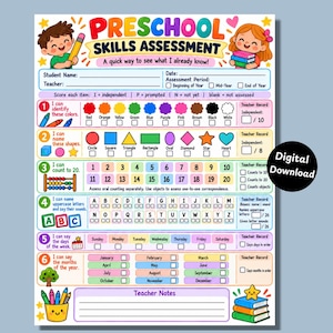 Peut inclure: Une fiche d'évaluation des compétences préscolaires colorée comprenant des sections pour les couleurs, les formes, le comptage jusqu'à 20, les lettres majuscules, les jours de la semaine et les mois. Elle illustre des enfants, un crayon et des livres.