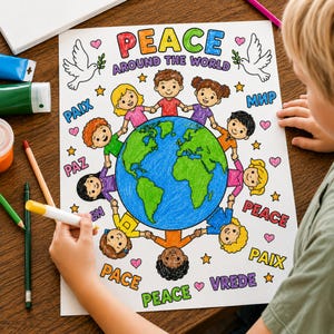 Puede incluir: Una página para colorear titulada PEACE AROUND THE WORLD que muestra un globo terráqueo azul y verde central rodeado por un grupo diverso de niños tomados de la mano. La página incluye palomas blancas, corazones pequeños y estrellas amarillas.