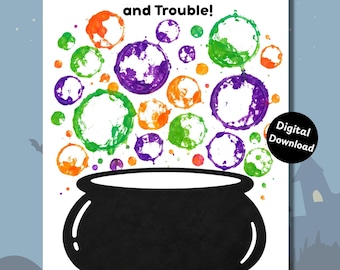 Puede incluir: Una impresión blanca con un caldero negro en la parte inferior y círculos de burbujas pintados en naranja, morado y verde sobre él. El texto en la parte superior dice Bubble, Bubble, Paint and Trouble! y un círculo negro dice Digital Download.