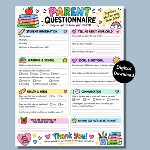 May include: A colorful parent questionnaire form titled Parent Questionnaire Help me get to know your child! with sections for student information, learning, social, emotional, health, and communication needs, featuring illustrations of books and a rainbow.
