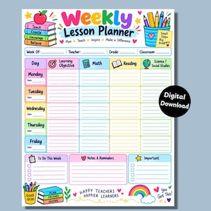 Op de afbeelding: Een kleurrijk wekelijks lesplanblad met de tekst Weekly Lesson Planner, Plan Teach Inspire Make a Difference, Happy Teachers Happier Learners en You Got This. Het bevat secties voor dagen, vakken, takenlijsten en notities.