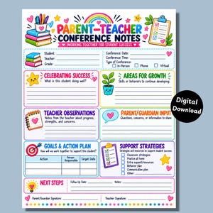 Op de afbeelding: Een kleurrijk, printbaar formulier voor ouder-leerkrachtgesprekken met secties voor leerlinggegevens, successen, groei, observaties, doelen en ondersteuningsstrategieën. Bevat een zwarte cirkel met de tekst Digital Download.