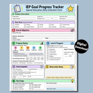 IEP Goal Progress Tracker Printable, Special Education Data Collection Form