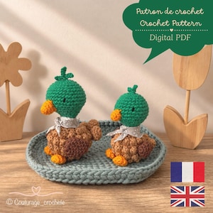 Peut inclure: Deux canards colverts au crochet avec des têtes vertes, des becs orange et des corps marron, portant chacun un petit foulard blanc à motifs. Ils sont placés dans un bol au crochet bleu clair. Une bulle verte contient le texte : Patron de crochet, Crochet Pattern, Digital PDF.