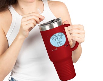 Taza de viaje personalizada para mamás de jugadores de hockey de 1,18 litros (40 oz) / Vaso térmico de acero inoxidable / Personalízala con el nombre y la foto del jugador.
