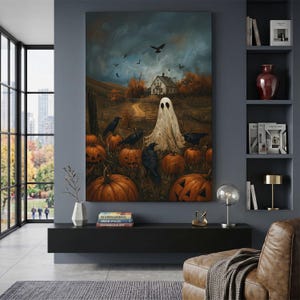 Spooky Ghost Canvas Print, Halloween Wall Art, Dark Moody Pumpkin Patch Decor, Vintage Gothic Fall Farmhouse Decor, Crow And Raven Art