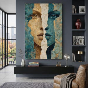 Leinwanddruck mit zwei Gesichtern, abstrakte Frauen-Wandkunst, moderne Gold- und Blau-Dekoration, Porträt mit geteiltem Gesicht, Boho-Glam-Wanddeko, surreale Wohnkunst