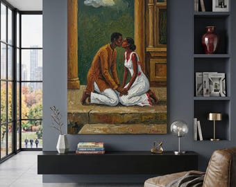 Black Couple Canvas Print, Romantic Kiss Wall Art, Love Expression Print, African American Art, Couple Silhouette Decor, Modern Home Art