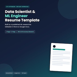 Plantilla de currículum ATS para científico de datos | CV de ingeniero de aprendizaje automático | Google Docs Word | Currículum de analista de datos e IA (descarga instantánea, 2026)