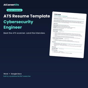 Könnte beinhalten: Eine ATS-Lebenslaufvorlage für Cybersecurity Engineers auf dunklem Hintergrund. Der Text lautet AICareerKits, Instant Download, ATS Resume Template Cybersecurity Engineer, Beat the ATS scanner. Land the interview, sowie Word + Google Docs.