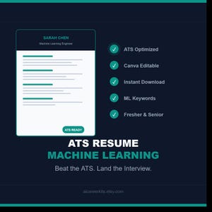 Könnte beinhalten: Eine digitale Lebenslaufvorlage für einen Machine Learning Engineer namens Sarah Chen. Die Grafik zeigt ein weißes Dokument mit türkisfarbenen Akzenten, eine Liste mit fünf abgehakten Merkmalen und den Text ATS RESUME MACHINE LEARNING. Beat the ATS. Land the Interview.