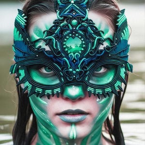 May include: An intricate, dark teal and emerald green filigree mask featuring elaborate, swirling corded patterns and a central gemstone accent. The mask covers the upper face, complemented by matching green and teal face paint on the skin.