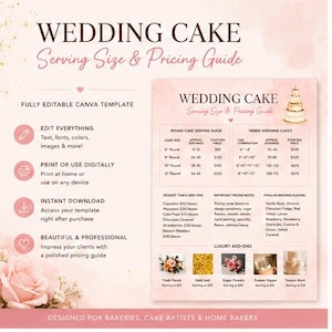May include: A pink and white wedding cake serving size and pricing guide template. The guide includes round and tiered cake serving information, add-ons, and popular flavors. Text includes "Wedding Cake Serving Size & Pricing Guide" and "Designed for Bakeries, Cake Artists & Home Bakers."