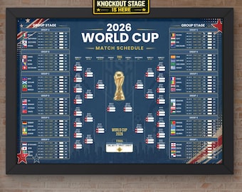 Plakat z harmonogramem meczów Mistrzostw Świata USA 2026, śledzenie drabinki piłkarskiej, wykres ścienny turnieju (do pobrania w wersji cyfrowej)