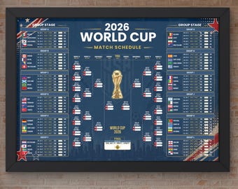 Póster con el calendario de partidos del Mundial 2026, cuadro del torneo de fútbol retro de EE. UU. (Descarga digital)
