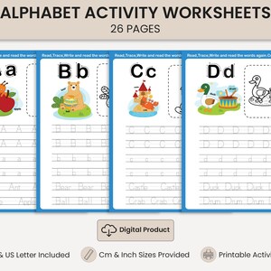 May include: Alphabet activity worksheets with 26 pages. Four pages are visible, featuring letters A, B, C, and D with corresponding illustrations like an ant, apple, bear, castle, crab, duck, and drum. Includes tracing lines and words to read and write.