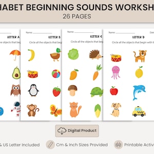 May include: A set of 26 alphabet beginning sounds worksheets featuring colorful illustrations of objects like apples, ducks, and tigers. Each page includes a name field and instructions to circle objects that begin with specific letters A through D.