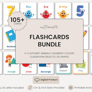 Alphabet Numbers Colors Shapes and Classroom Objects Flashcards Printable PDF | 108 Preschool Learning Cards | School Vocabulary Bundle
