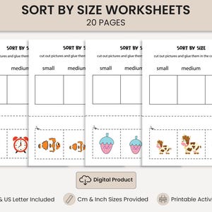 May include: Educational worksheets titled "SORT BY SIZE WORKSHEETS" with 20 pages. The pages feature illustrations of clocks, fish, strawberries, and cows. The worksheets include instructions to cut out pictures and glue them in the correct order, with size categories: small, medium, and big.