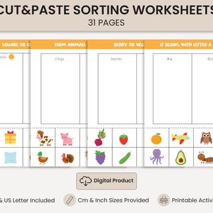 Op de afbeelding: Een set van 31 knip- en plakwerkbladen voor educatieve sorteeroefeningen. De pagina's bevatten categorieën zoals Square or Circle, Farm Animals, Berry or Veg en It Begins With Letter A or O, voorzien van kleurrijke illustraties.