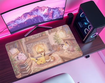 居心地の良いポケモンマウスパッド、かわいいアニメデスクマット、キュートなポケモンマウスパッド、リラックスできるゲーマーセットアップ、パステルカラーのデスクデコレーション、居心地の良いゲーミングパッド