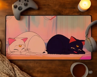 Sleeping Cat Mouse Pad, Cozy Cute Cat Desk Mat, Kawaii Kitty Mousepad, Relaxing Gamer Setup, Minimalist Desk Decor