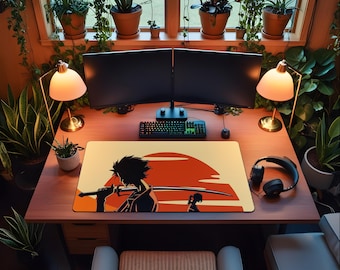 サムライチャンプルー マウスパッド、アニメ侍ゲーミングデスクマット、江戸アドベンチャーマウスパッド、ローファイゲーマーセットアップ、和風デスクデコレーション