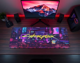 サイバーパンクマウスパッド、ナイトシティネオンゲーミングデスクマット、未来的なRPGマウスパッド、SFゲーマーセットアップ、テクノロジー美学デスクデコレーション