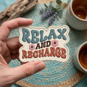 May include: An embroidered patch with a scalloped edge featuring the text RELAX AND RECHARGE in a retro font. The word RELAX is in blue, AND is in dark brown, and RECHARGE is in terracotta orange, accented by two small pink flowers.
