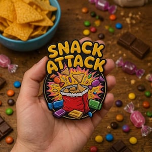 May include: A circular embroidered patch featuring the text SNACK ATTACK in yellow letters. The design depicts a red bag overflowing with triangular chips and various colorful candies, including wrapped sweets and chocolate bars, on a black background.