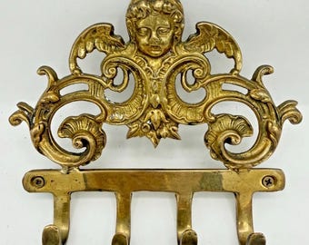 Vintage Brass Cherub Wall Key Holder | Ornate Angel Hook Rack |