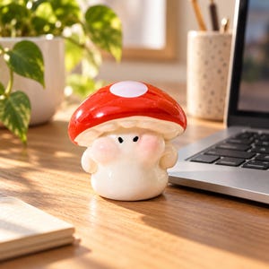 Peut inclure: Une petite figurine de champignon en céramique avec un chapeau rouge brillant orné d'une tache blanche, un pied crème et un visage arrondi doté de deux petits yeux noirs et de douces marques de blush rose sur les joues.