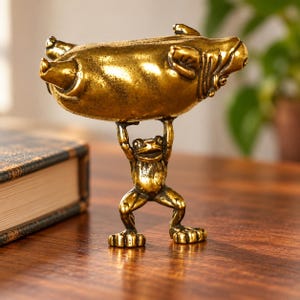 Könnte beinhalten: Eine messingfarbene Metallfigur, die einen Frosch auf seinen Hinterbeinen stehend darstellt, der mit beiden Armen ein großes, glattes, abgerundetes Objekt über seinem Kopf hält. Die Skulptur hat eine metallische Oberfläche mit dunklen Patina-Akzenten.