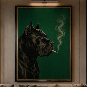 Vintage Cane Corso Dog Portrait, Funny Smoking Dog Wall Art, Retro Whimsical Animal Print, Printable Digital Download
