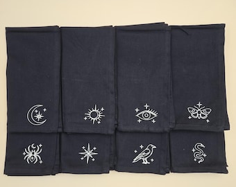 Celestial Gothic Embroidered Cloth Napkins, Black Cotton with Gold Thread, Halloween Decor (Set of 4 or 8)