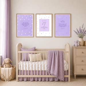 May include: Three framed wall art prints featuring light purple backgrounds with white polka dots and text. The left print reads She is far more precious than jewels, the center print says I have no greater joy, and the right print features a crown icon.