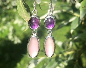 Handmade amethyst 925 sterling silver dangle earrings with engraving,