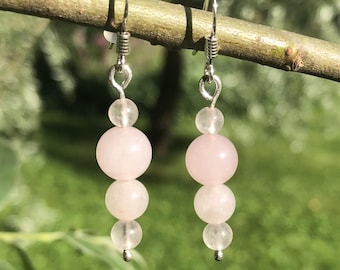 Handmade rose quartz bead and sterling silver dangle earrings
