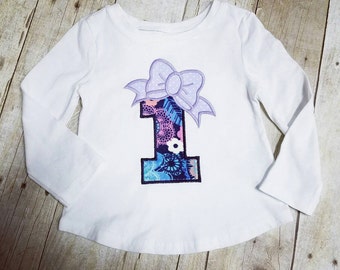 Clearance - READY TO SHIP  - Big Bow 1 Applique Shirt - 1st First Birthday - Navy with Floral and Lavender Polka Dot - Size 18-24M