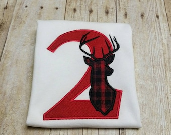 Clearance READY TO SHIP  - Hunter, Camp Out 2nd Birthday Deer Appliqué Shirt - 2T Short Sleeve - Red Plaid, Buck, Hunting, Camping, Flannel