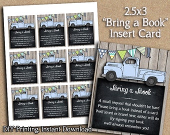 INSTANT DOWNLOAD - Bring a Book - Blue Vintage Truck Baby Shower Invitation Insert Card - Party Printable Bunting - DIY Printing