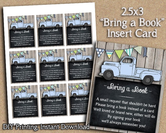 INSTANT DOWNLOAD - Bring a Book - Blue Vintage Truck Baby Shower Invitation Insert Card - Party Printable Bunting - DIY Printing Il_570xn