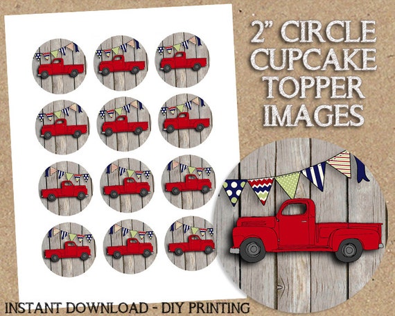INSTANT DOWNLOAD - Red Vintage Truck Themed Party Printable - 2 inch Images - DIY Printing - Great for Cupcake Toppers, Birthday Baby Shower Il_570xn