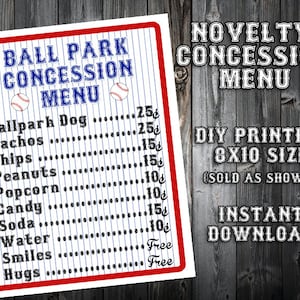 INSTANT DOWNLOAD - 8x10 Baseball Themed Birthday Party Menu - Concession Stand - Party Printable Sign - DIY Printing