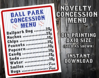 INSTANT DOWNLOAD - 8x10 Baseball Themed Birthday Party Menu - Concession Stand - Party Printable Sign - DIY Printing