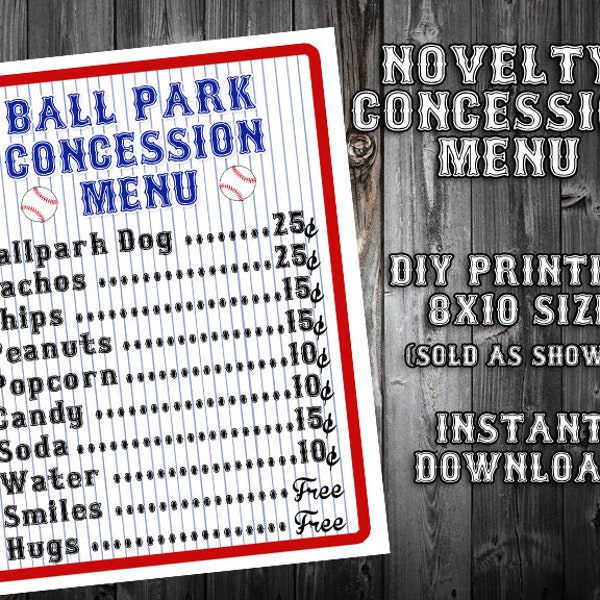 INSTANT DOWNLOAD - 8x10 Baseball Themed Birthday Party Menu - Concession Stand - Party Printable Sign - DIY Printing